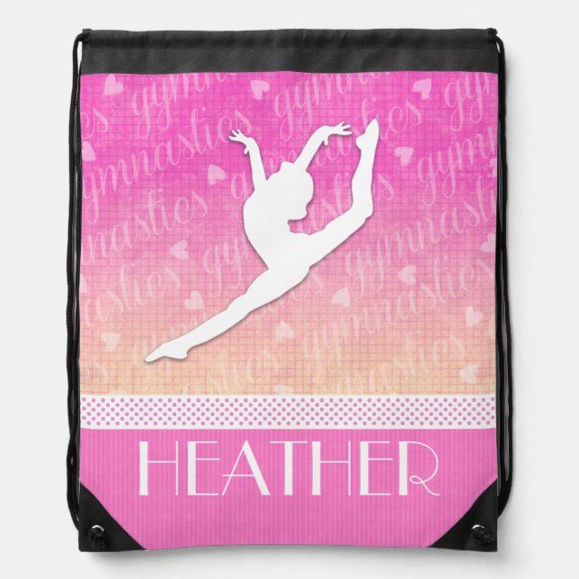 Pink Gradient Passionate Gymnastics with Monogram Drawstring Bag (Front)