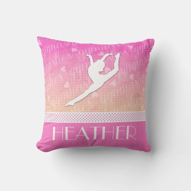 Pink Gradient Passionate Gymnastics with Monogram Throw Pillow (Front)