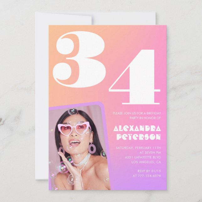 Pink Gradient Retro Photo 34th birthday Invitation (Front)