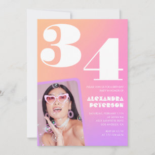 Pink Gradient Retro Photo 34th birthday Invitation