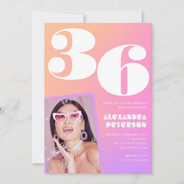 Pink Gradient Retro Photo 36th birthday Invitation (Front)