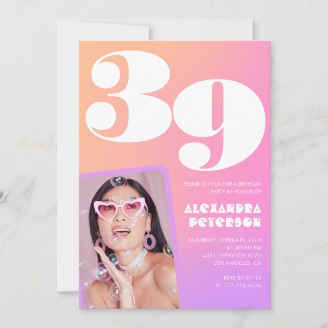 Pink Gradient Retro Photo 39th birthday Invitation (Front)