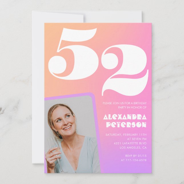 Pink Gradient Retro Photo 52nd birthday Invitation (Front)