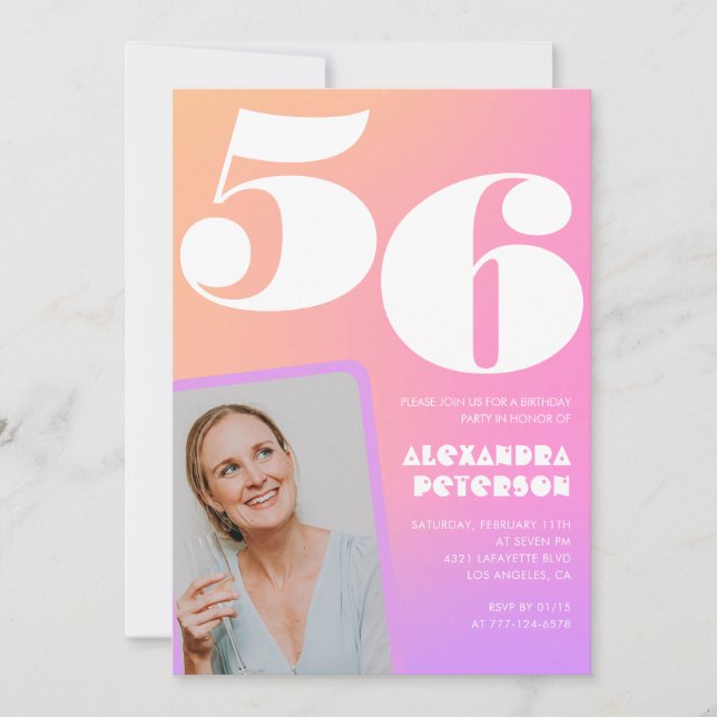 Pink Gradient Retro Photo 56th birthday Invitation (Front)