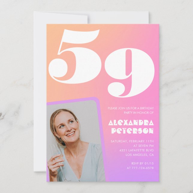 Pink Gradient Retro Photo 59th birthday Invitation (Front)