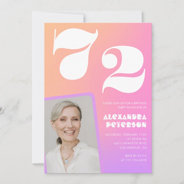 Pink Gradient Retro Photo 72nd birthday Invitation (Front)