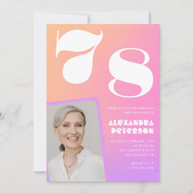 Pink Gradient Retro Photo 78th birthday Invitation (Front)