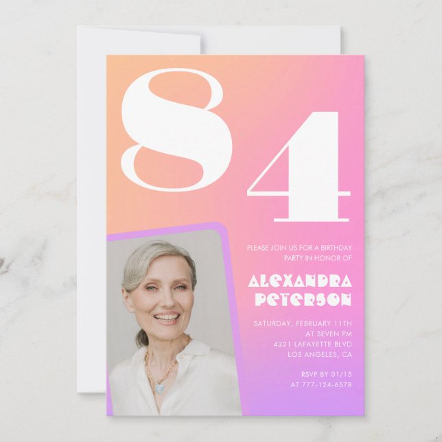 Pink Gradient Retro Photo 84th birthday Invitation (Front)