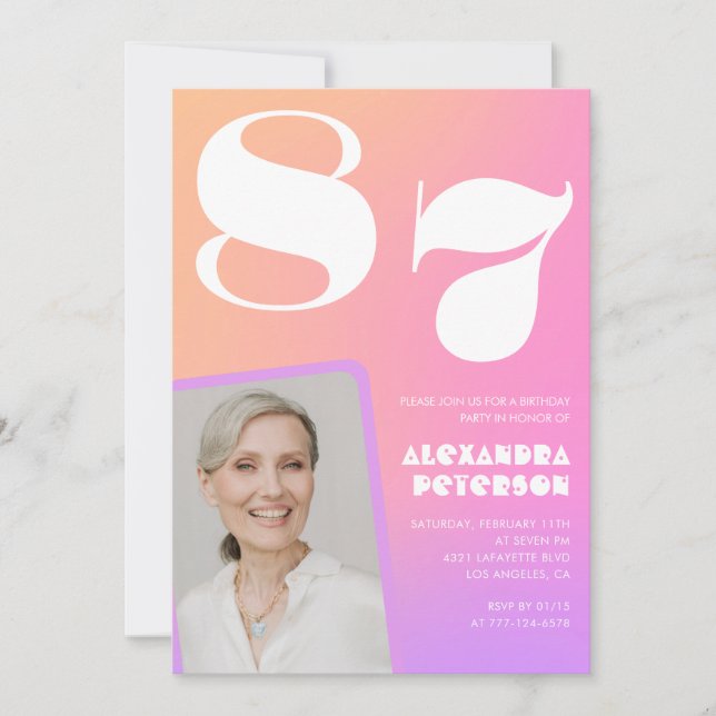 Pink Gradient Retro Photo 87th birthday Invitation (Front)