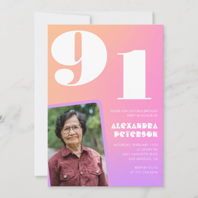 Pink Gradient Retro Photo 91st birthday Invitation (Front)