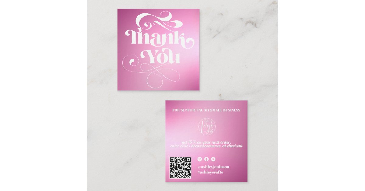 Pink gradient retro script order thank you square business card | Zazzle