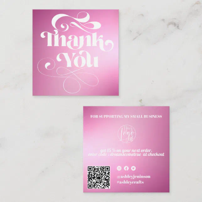 Pink gradient retro script order thank you square business card | Zazzle