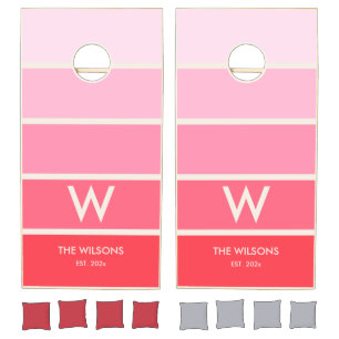 Pink Gradient Striped Monogram Personal Party Cornhole Set