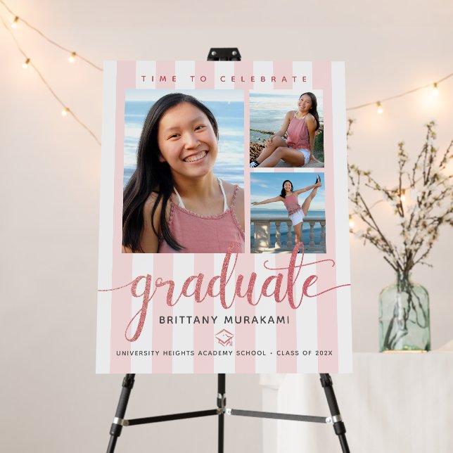 Pink Graduation 3 Photo Rose Gold Glitter Script Foam Board (In Situ (Stand))