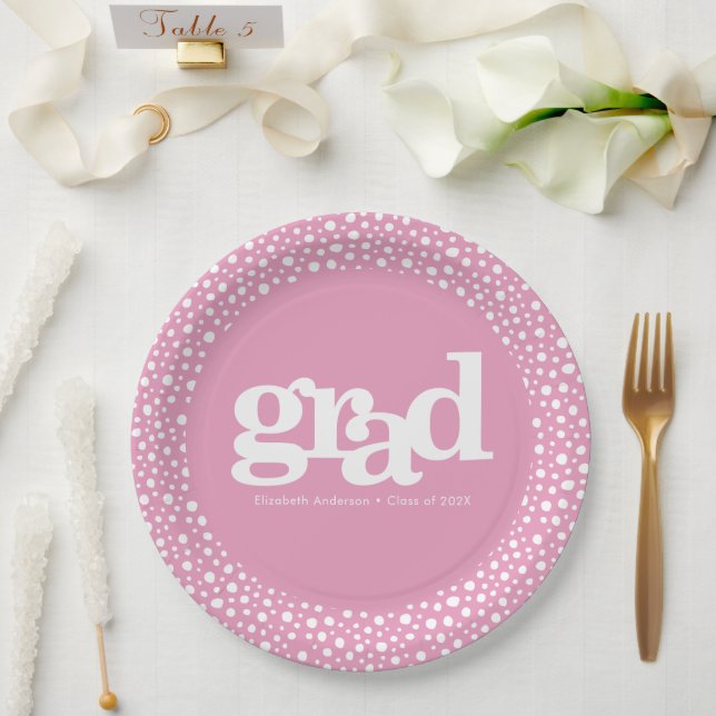 Pink graduation bold modern simple typography name paper plates (Wedding)