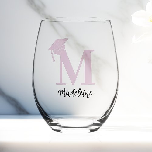 Pink Graduation Cap Monogram Minimalist Chic Gift Stemless Wine Glass