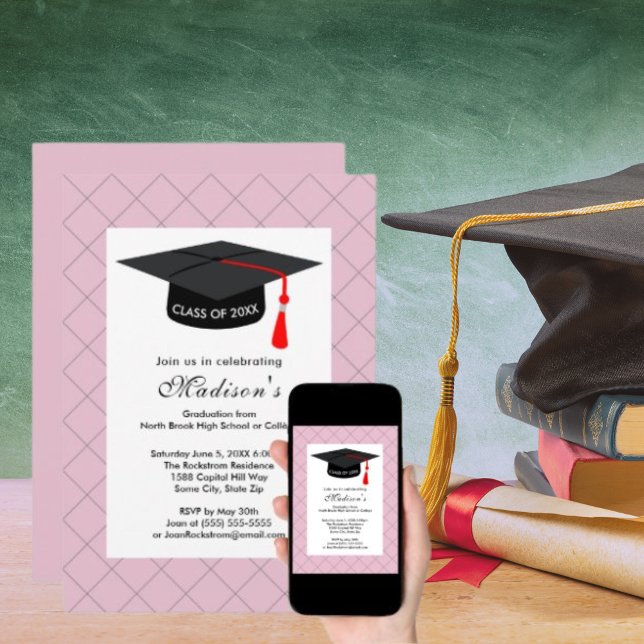 Pink Graduation Class of Black Grad Cap Invitation (Pink Graduation Class of Black Grad Cap Invitation)
