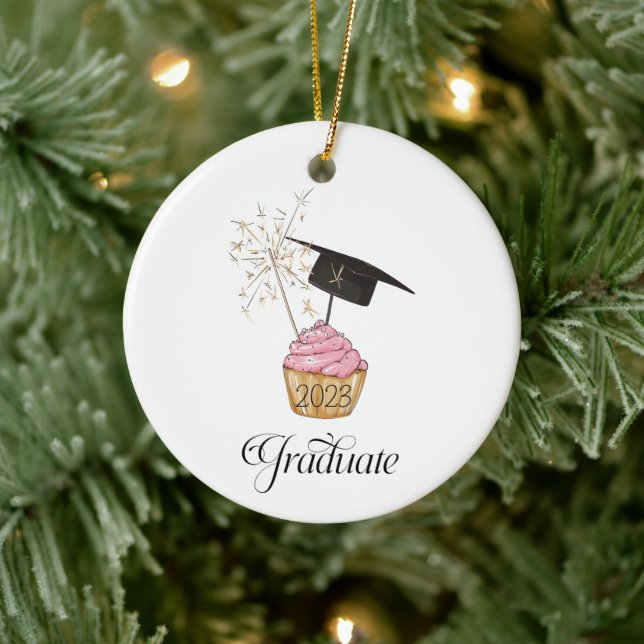 Pink Graduation Cupcake Graduate Ceramic Ornament (Tree)