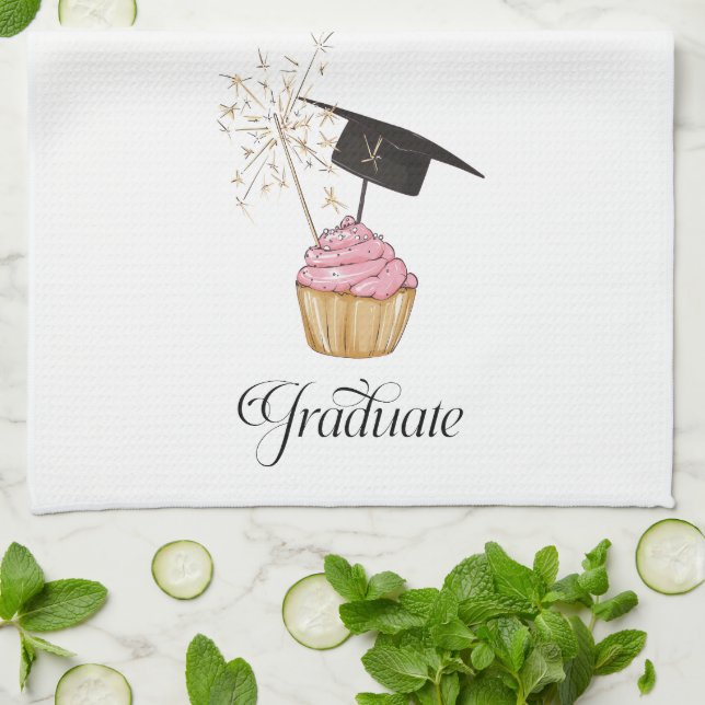 Pink Graduation Cupcake Graduate Kitchen Towel (Folded)