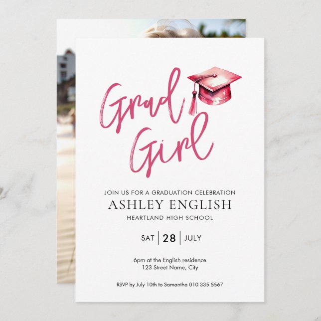 Pink Graduation Invitation - Grad Girl (Front/Back)