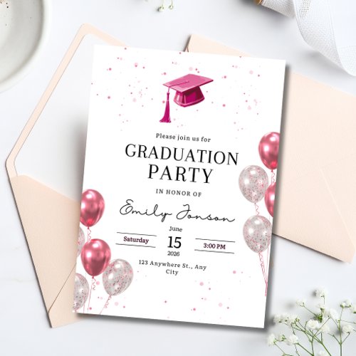 Pink Graduation Party Girls Balloons Modern Grad Invitation