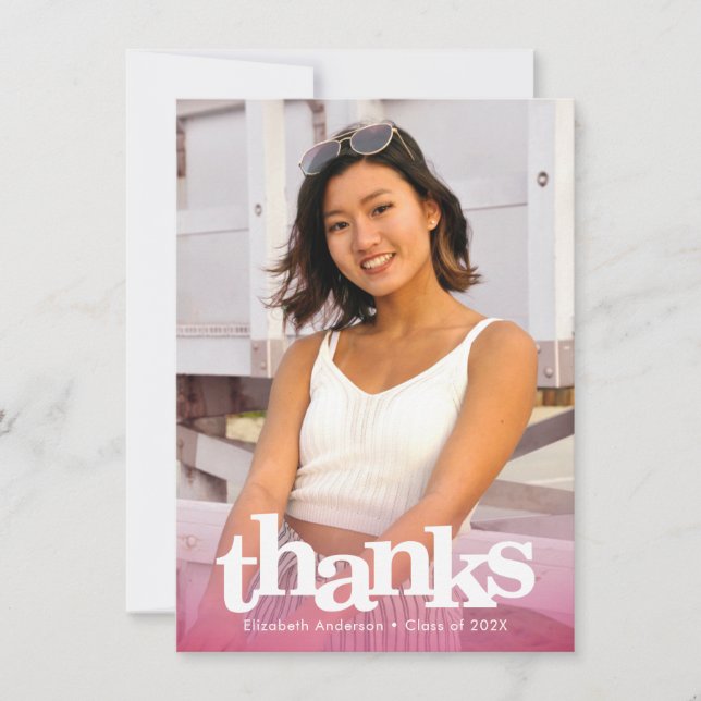 Pink graduation photo bold typography modern chic thank you card (Front)