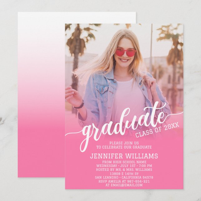 Pink Graduation Photo Grad Graduate Party Invitation (Front/Back)