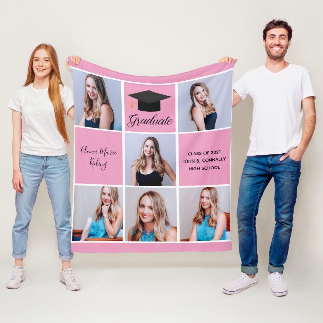 Pink Graduation Senior Girl Photo Collage Fleece Blanket (In Situ)