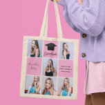 Pink Graduation Senior Portrait Photo Collage Gift Tote Bag<br><div class="desc">A classy custom senior graduate photo collage graduation tote bag with chic pink squares for a high school senior girl graduating with the class of 2024. Customize with your senior portrait pictures, school name and graduating class under the elegant calligraphy for a great personalized graduation gift. It features a 6...</div>