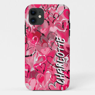 Pink Graffiti-Inspired Hand-Drawn Hearts iPhone 11 Case