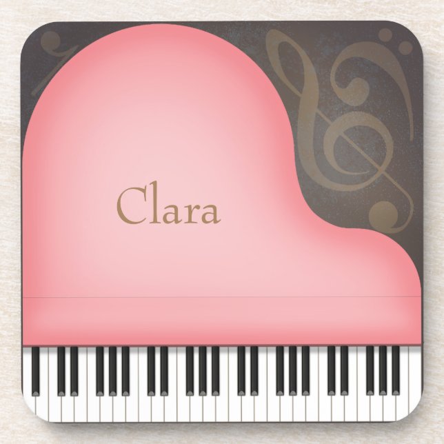 Pink Grand Piano Whimsical Musical Symbols Custom Beverage Coaster (Front)