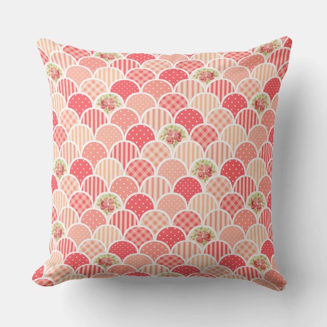 Pink grandmillenial floral scalloped waves throw pillow (Front)