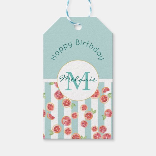 Pink Grapefruit Pattern on Green Stripes Birthday Gift Tags