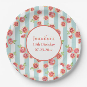 Pink Grapefruit Pattern on Green Stripes Birthday Paper Plates