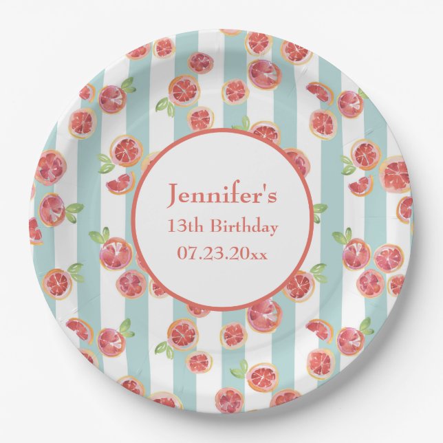 Pink Grapefruit Pattern on Green Stripes Birthday Paper Plates (Front)