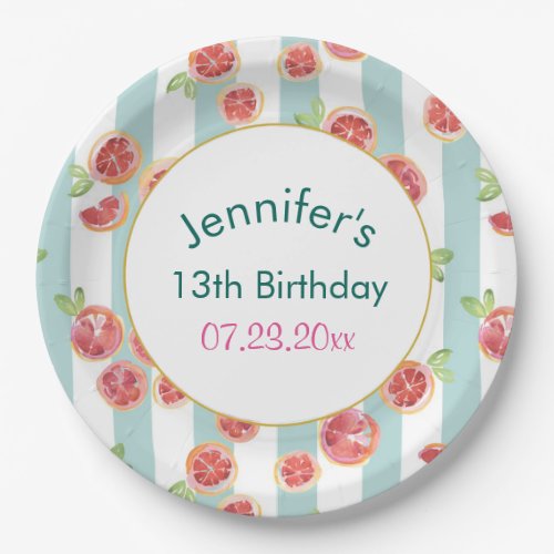 Pink Grapefruit Pattern on Green Stripes Birthday Paper Plates