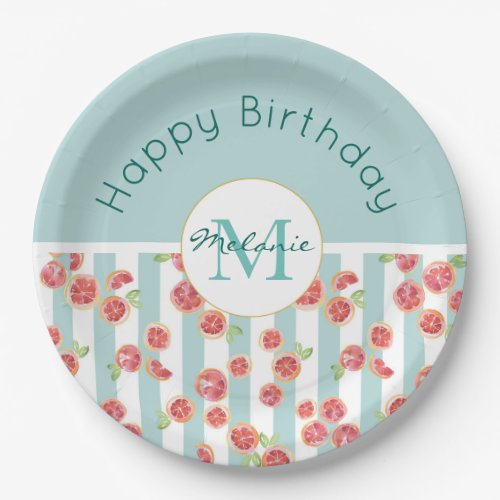 Pink Grapefruit Pattern on Green Stripes Birthday Paper Plates