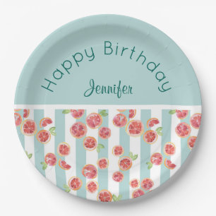 Pink Grapefruit Pattern on Green Stripes Birthday Paper Plates