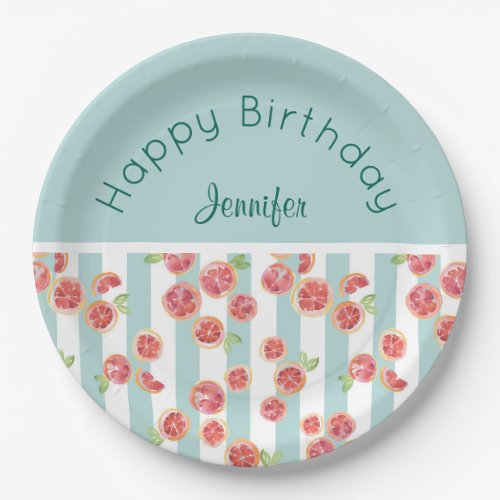 Pink Grapefruit Pattern on Green Stripes Birthday Paper Plates