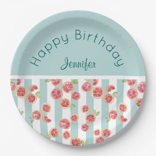 Pink Grapefruit Pattern on Green Stripes Birthday Paper Plates (Front)