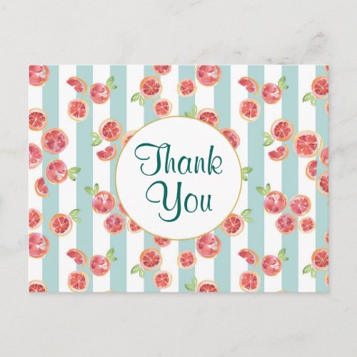 Pink Grapefruit Pattern on Green Stripes Thank You Postcard