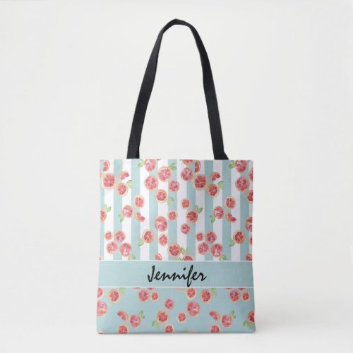 Pink Grapefruit Pattern on Stripes Tote Bag