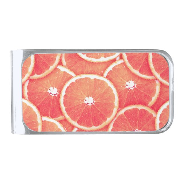 Pink grapefruit slices silver finish money clip (Front)