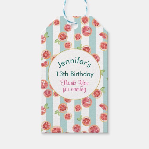 Pink Grapefruits on Green Stripes Birthday Thanks Gift Tags