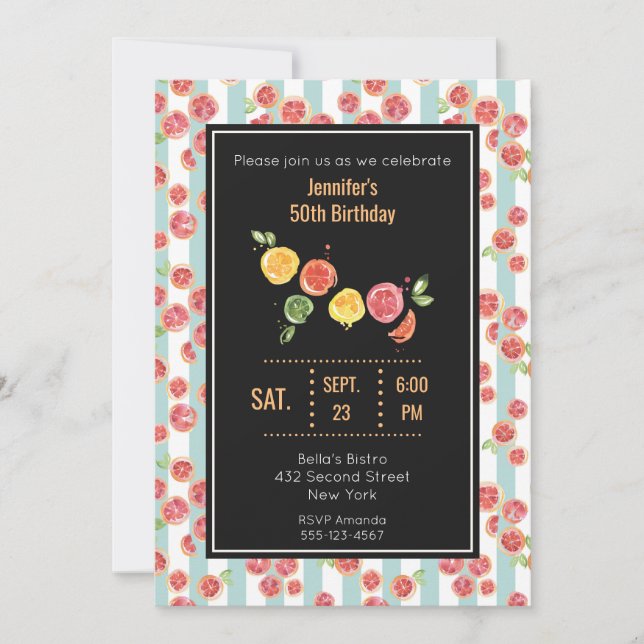 Pink Grapefruits on Green Stripes Party Invite (Front)