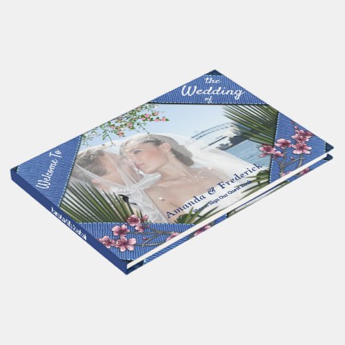 Pink Graphic Flowers on Blue_fabric texture Guest Book