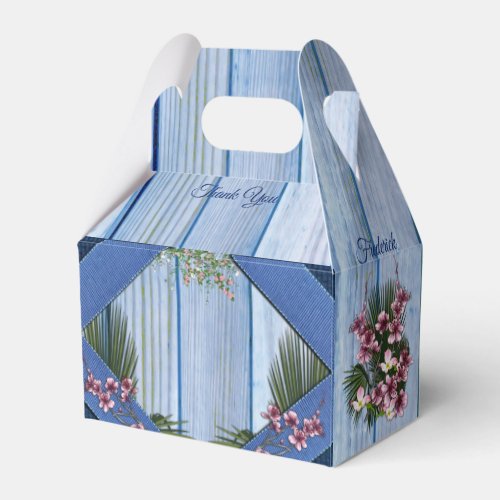 Pink Graphic Flowers on Blue_wood_fabric Texture Favor Boxes