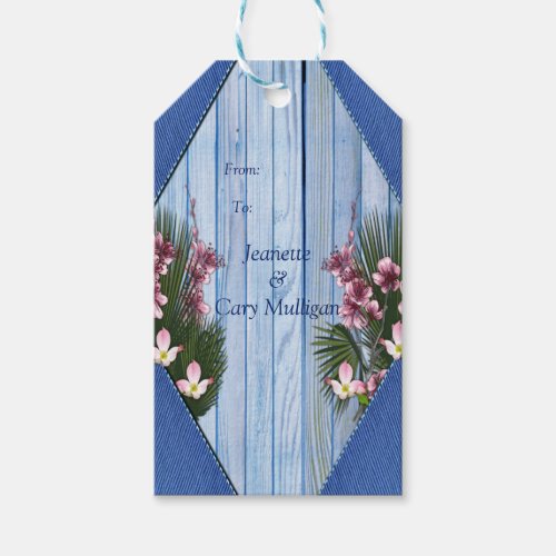 Pink Graphic Flowers on Blue_wood_fabric Texture Gift Tags