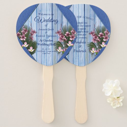 Pink Graphic Flowers on Blue_wood_fabric Texture Hand Fan