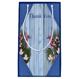 Pink Graphic Flowers on Blue-wood texture Gift Bag